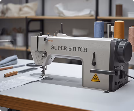 Close-up of a white Super Stitch sewing machine on a table with fabric under the needle and spools of thread in the background.
